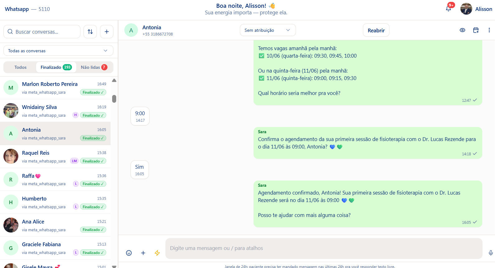 Conversa de WhatsApp da IA com paciente